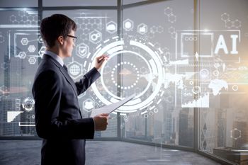 Businessman in a suit using AI technology