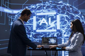 Engineer and coworker use AI to extract information from complex data on laptop.